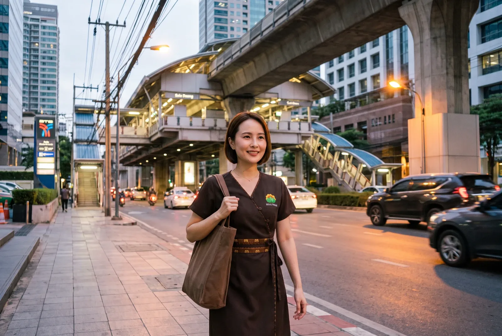 Soul Treats therapist Alice walking along Silom Road at dusk under the BTS near Sala Daeng, office towers behind her, carrying her therapist bag