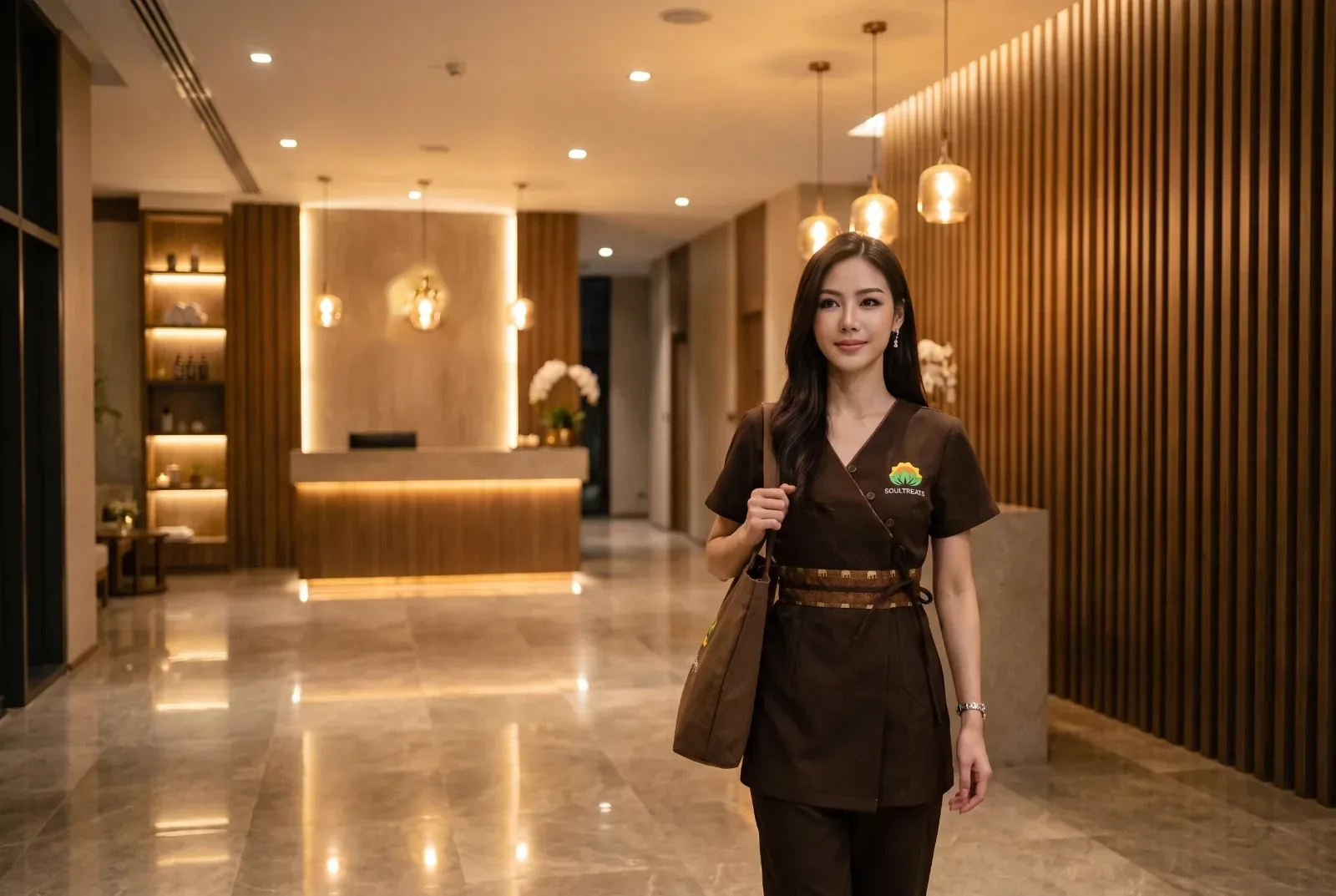 Soul Treats therapist Nene arriving in the warm-lit lobby of a modern Thong Lo condo at night, carrying her bag