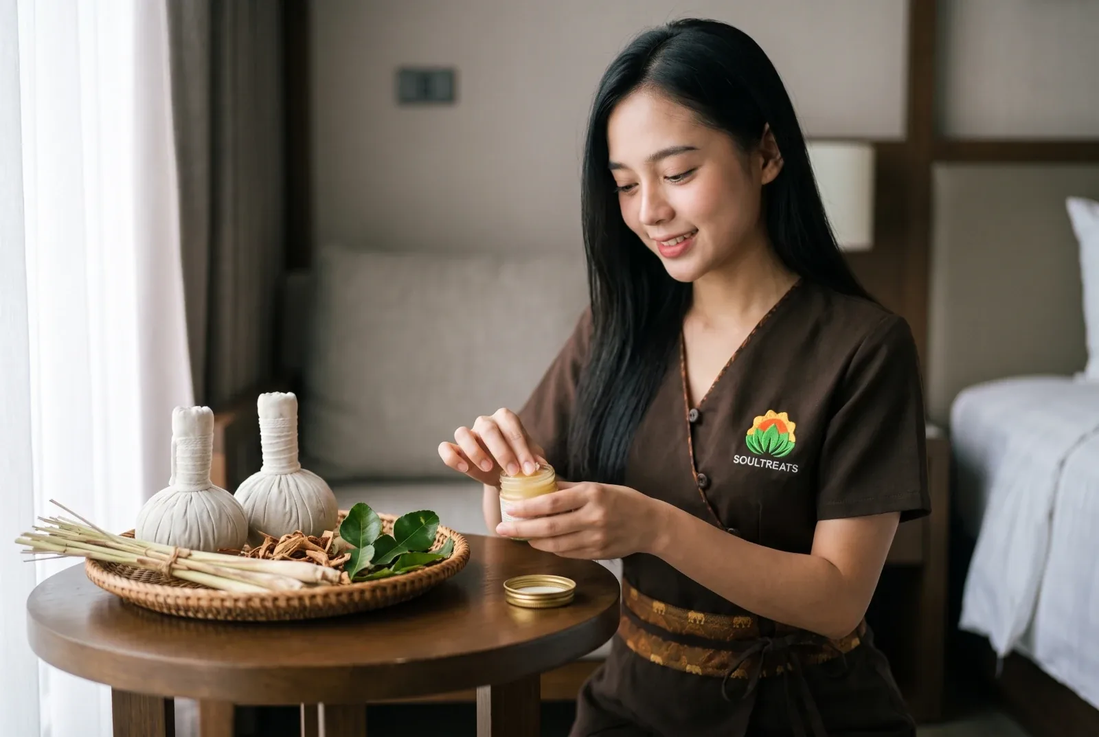 Anny scooping warm Thai herbal balm from a small jar, with herbal compress balls on a tray beside her