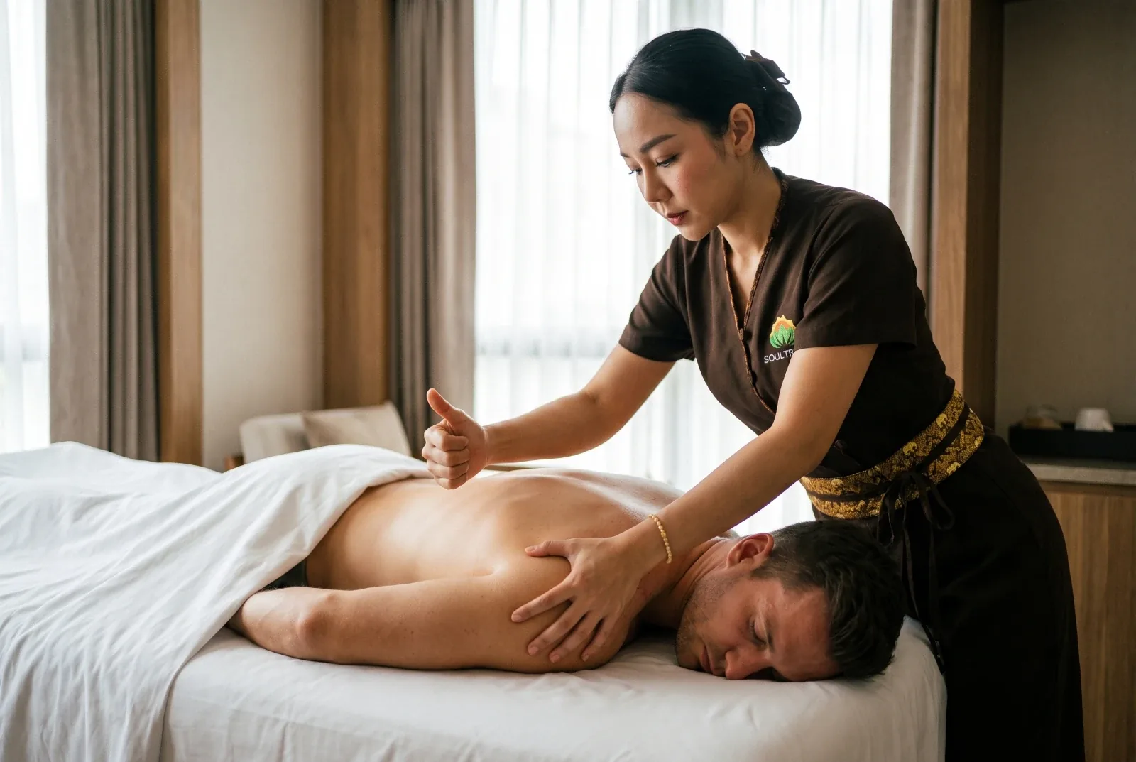 Bowie applying firm thumb pressure to a guest's shoulder, the guest face down on the hotel bed under the sheet