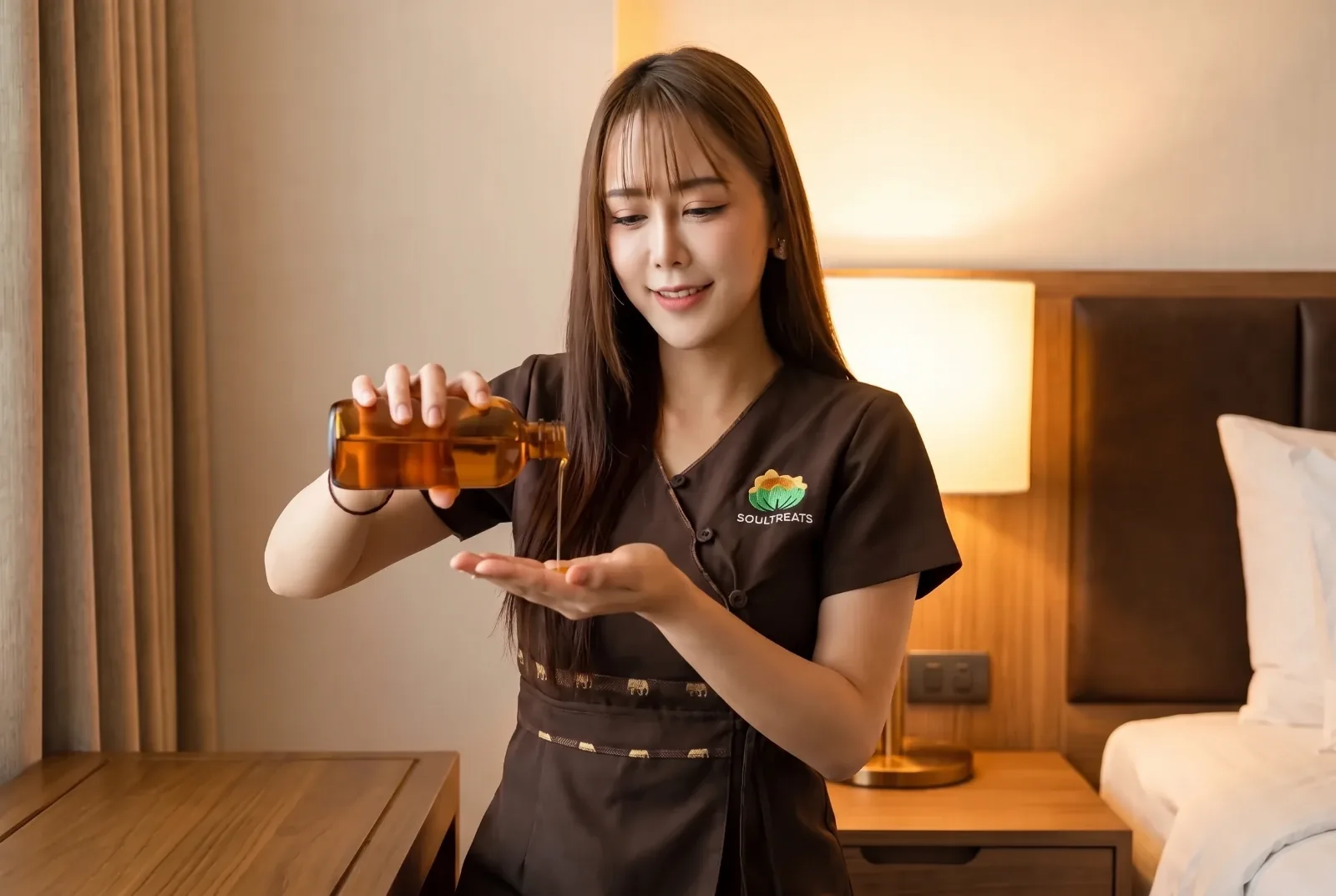 Jean pouring warm massage oil into her palm beside the bed in a hotel room