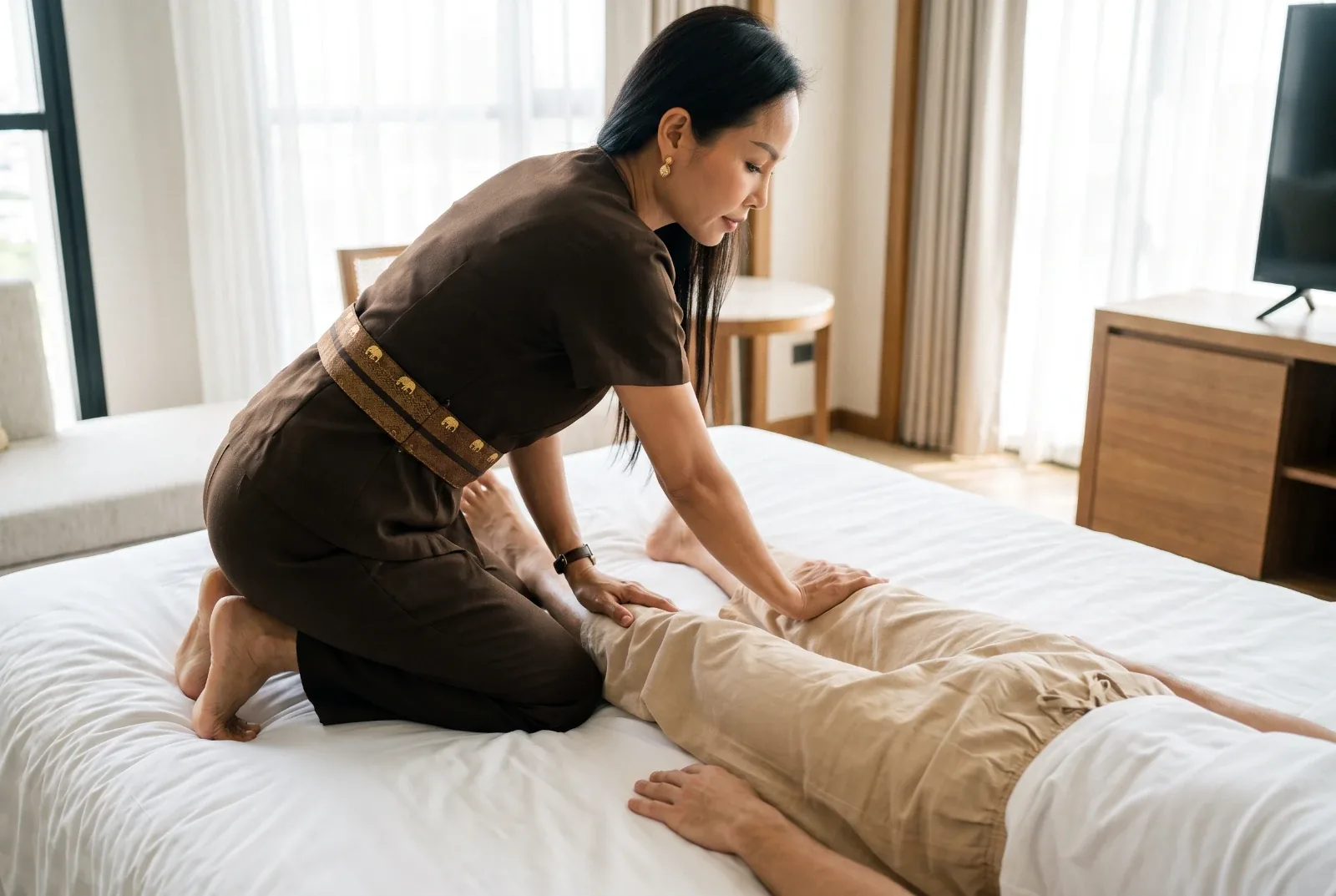 Nana kneeling on the hotel bed, applying palm pressure to the calves of a guest in loose Thai cotton trousers