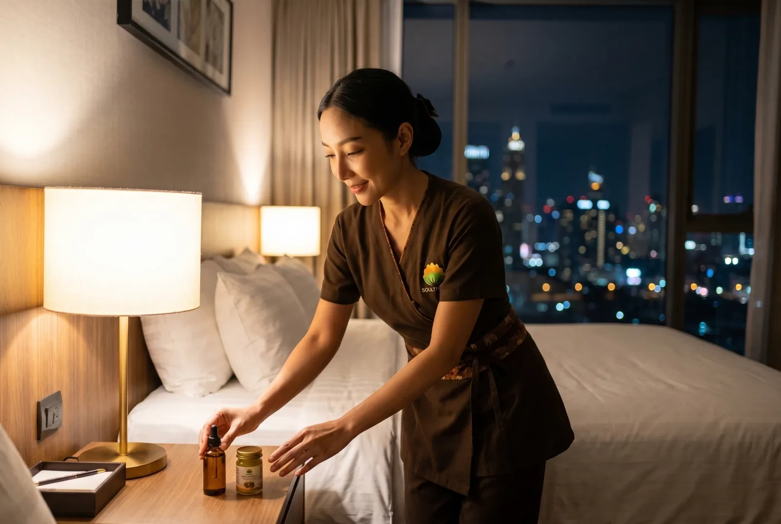 Therapist Jenny placing massage oil on the bedside table in a hotel room at night