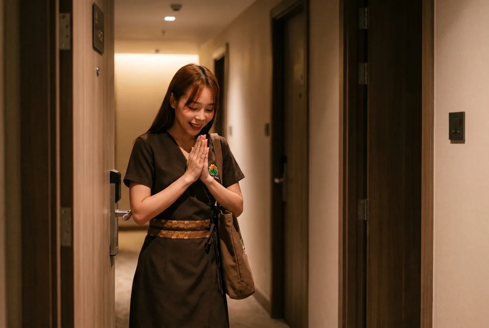 Therapist Na Dear greeting a guest with a wai at the hotel room door