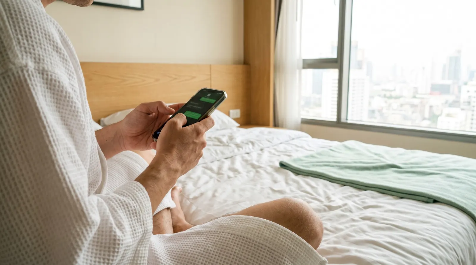 A hotel guest sending a booking message on WhatsApp from bed