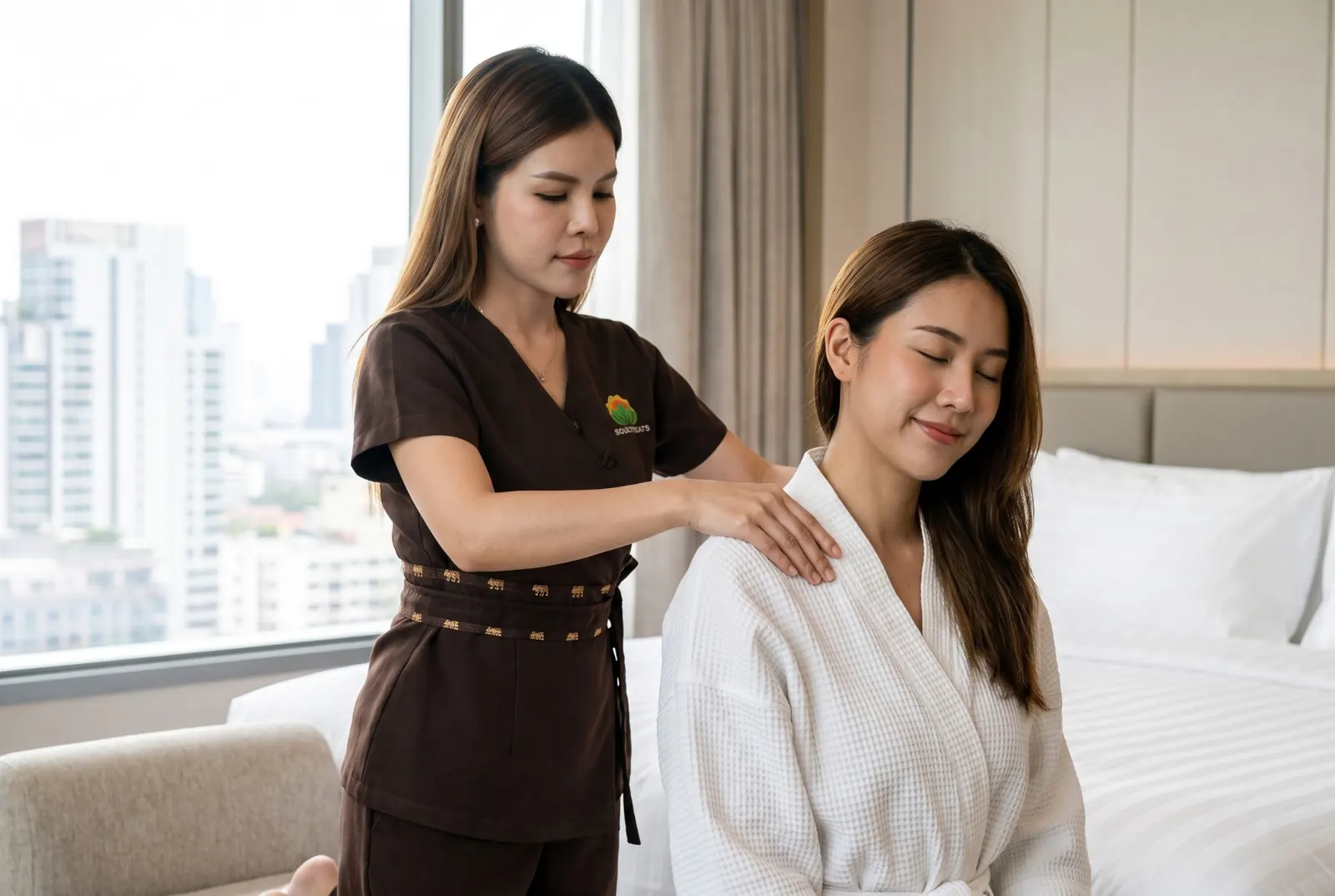 Therapist Lina giving a guest in a hotel robe a shoulder massage