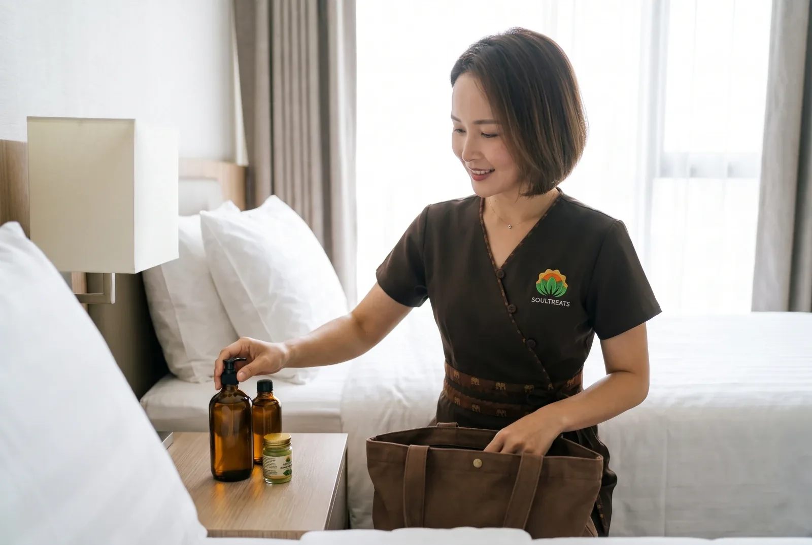 Therapist Alice placing massage oils and balm on the bedside table in a hotel room