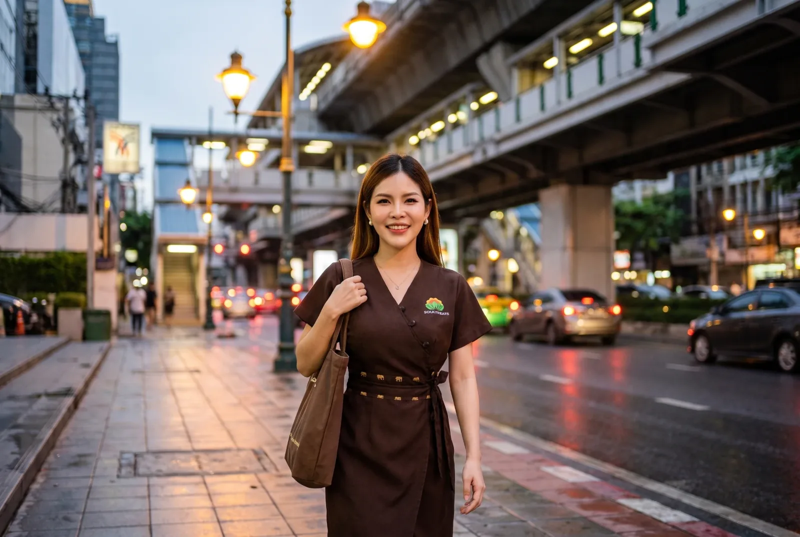 Therapist Lina walking along Sukhumvit Road under the BTS Skytrain with her bag