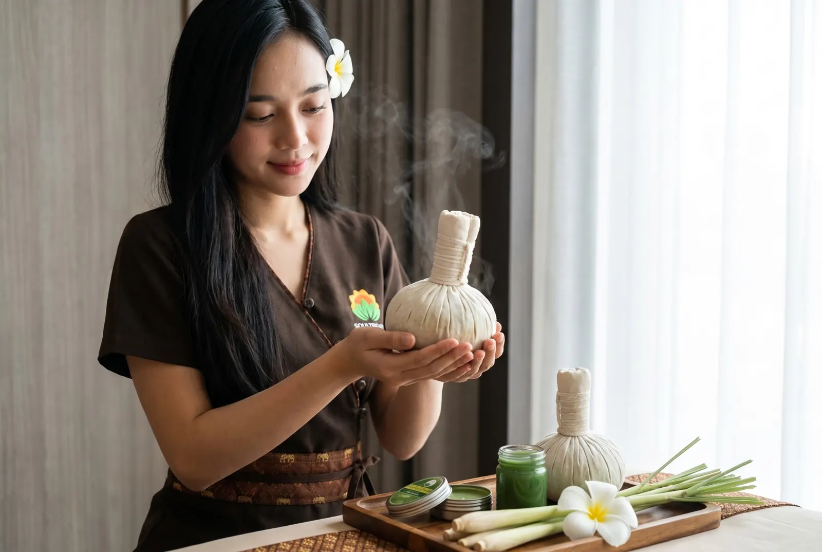 Therapist Anny holding a warm Thai herbal compress